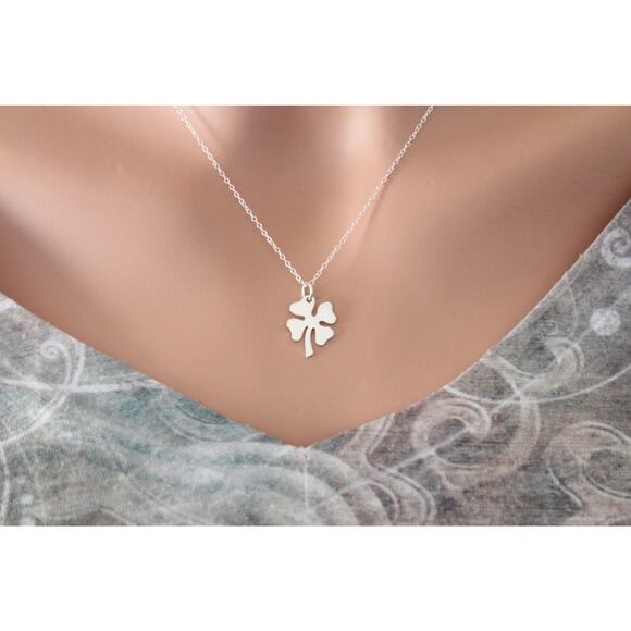 Sterling Silver Four Leaf Clover Charm Necklace, Cute Lucky Clover Necklace - Picture 1 of 3
